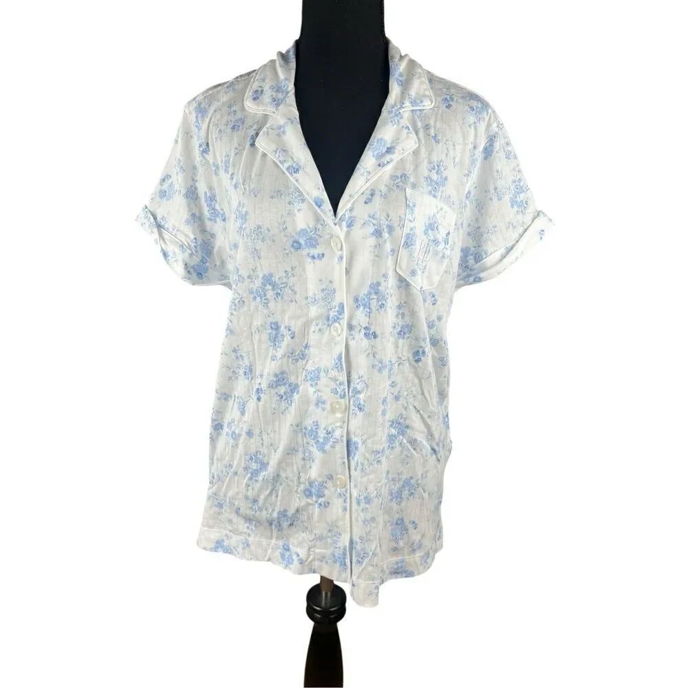 Ralph Lauren Women's Large floral Night Sleep Shirt Button Up Embroider Pocket